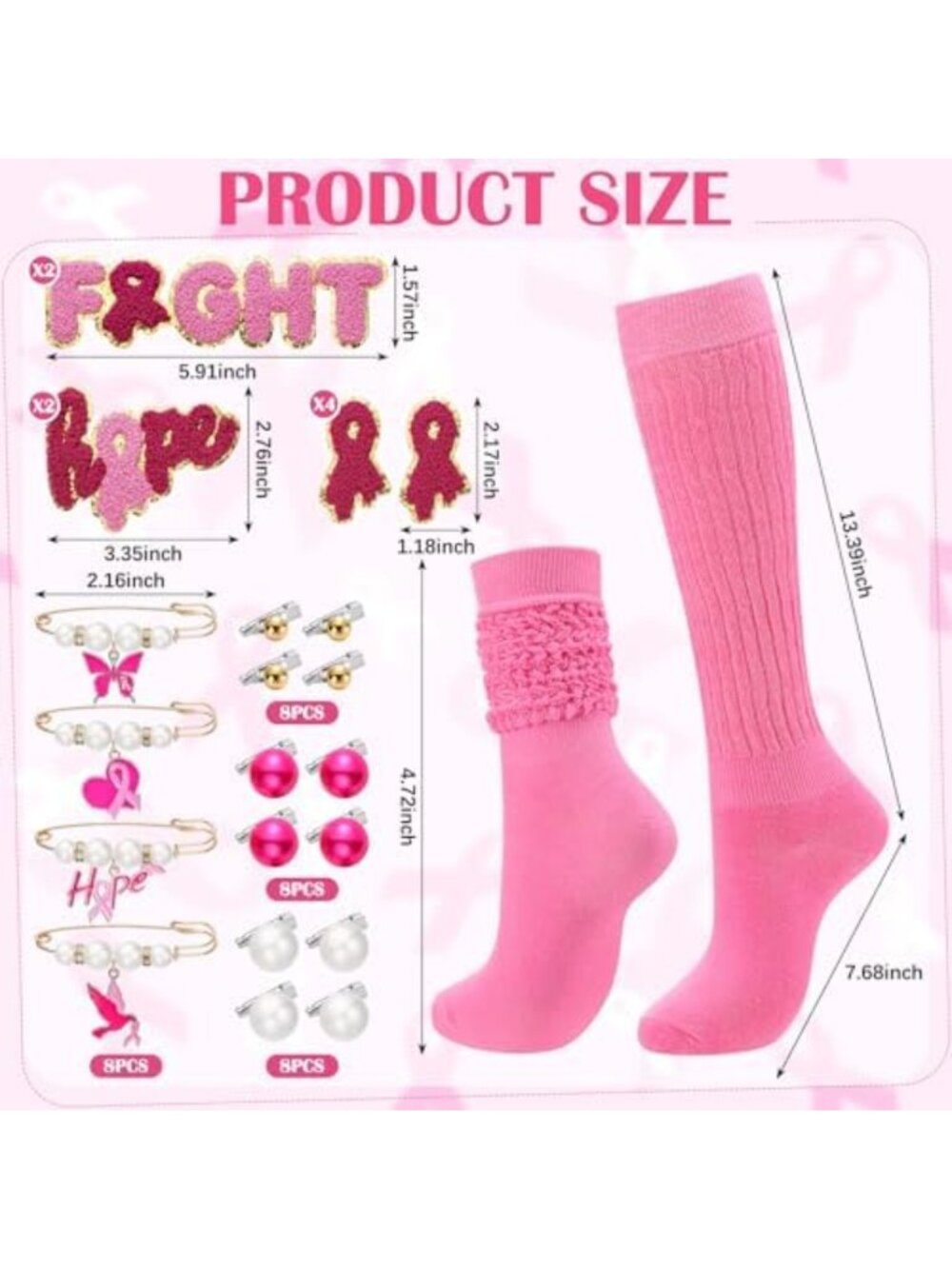 2 Pairs Pink Breast Cancer Awareness Socks with Charms & Pins for Women - Picture 3 of 6